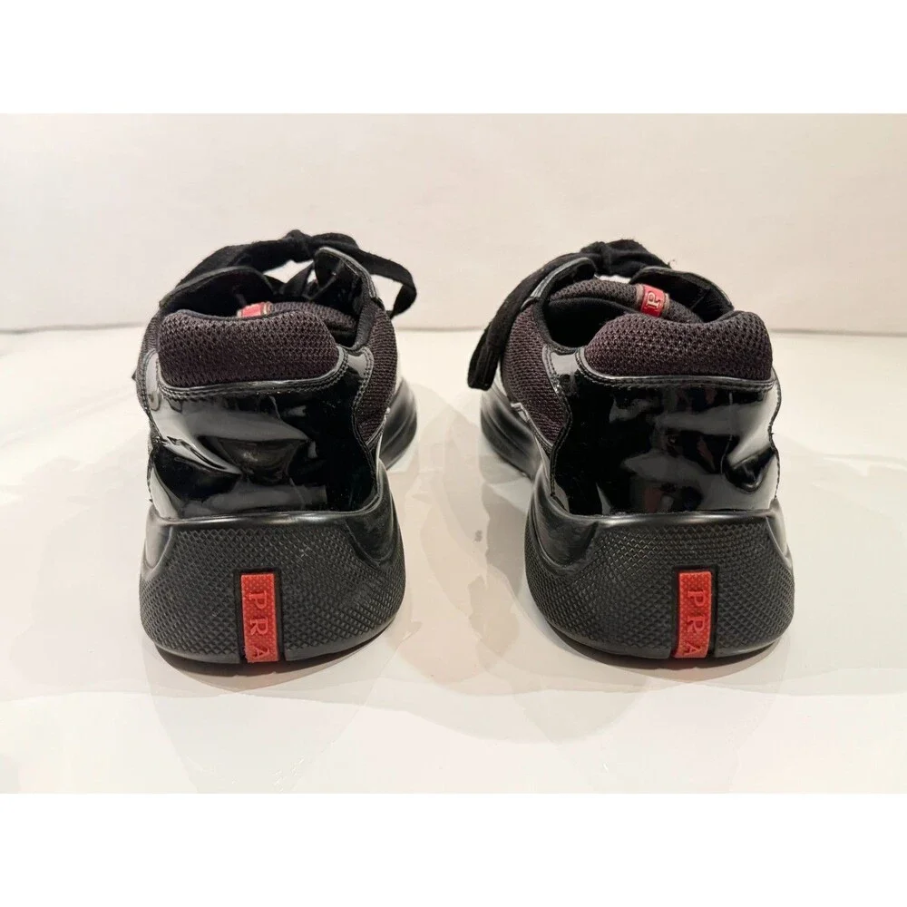 Prada Mens Americas Cup Black Patent Leather Mesh Lace-Up Sneakers US 7
